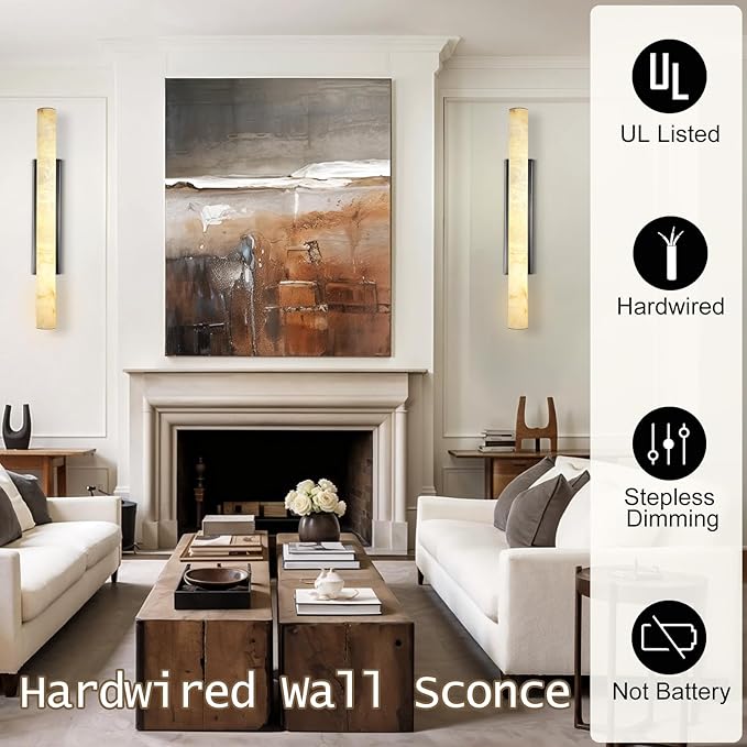 Alabaster Wall Sconces, 36" Large Bronze Wall Sconce, Modern Sconces Wall Lighting, Spanish Natural Marble Wall Sconce Light for Living Room, Bedroom, Hallway, Stairs