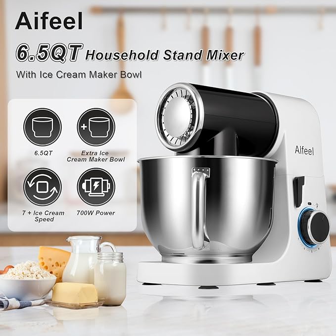 Aifeel Stand Mixer,6.5QT Kitchen Electric Mixer with 2QT Ice Cream Maker Bowl, 6 in 1 Multifunctional Bread Dough Mixer with Dough Hook,Whisk & Beater, Food Mixer for Baking (Black-White)