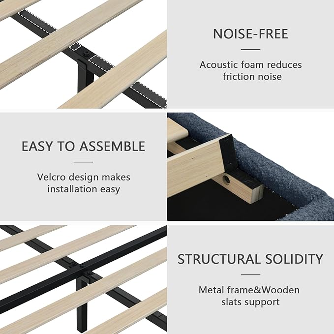 King Bed Frames,Breathable Boucle Fabric Upholstered Bed Frame with Headboard,Removable and Washable,Wood Slat Support,No Box Spring Needed,Easy Assembly,Navy Blue