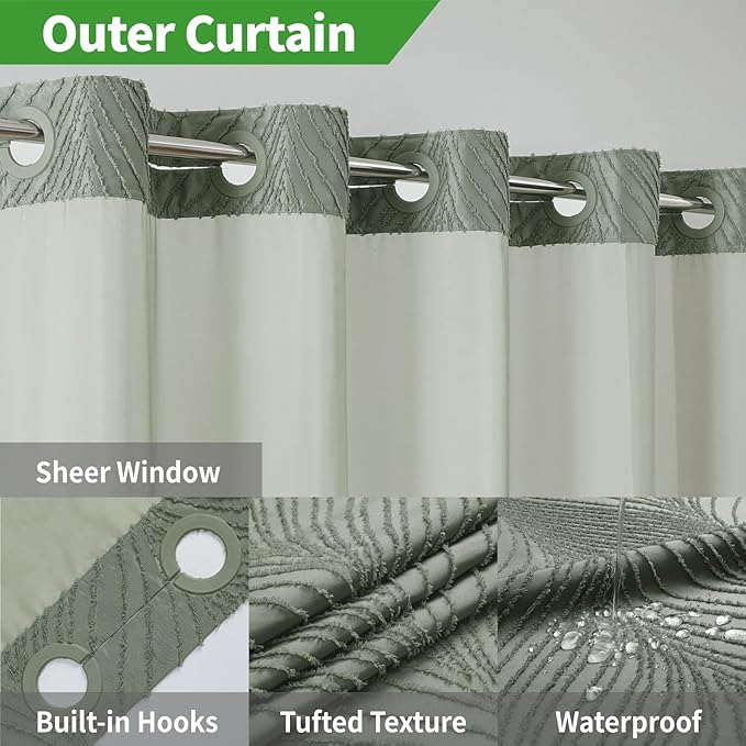 no Hook Shower Curtain and Liner Set，Boho Style with See Through Top Window, SageGreen Fabric Tufted Striped Textured Outer Curtain & Waterproof Inner Liner, SageGreen, 71Wx74H