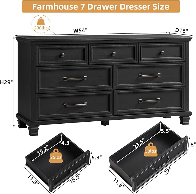 Farmhouse 7 Drawer Dresser for Bedroom, 54” Wide Dresser for Closet, Large Rustic Wooden Dressers, Chest of Drawers for Bedroom, Living Room, Entryway, Black