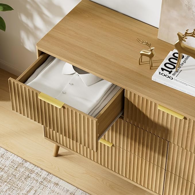 LYNSOM 55" Wide Fluted Dresser for Bedroom with 7 Drawer, Modern Chest of Drawers with Curved Profile Design and Metal Handles, Wood Dresser TV Stand & Storage Organizer for Living Room, Oak