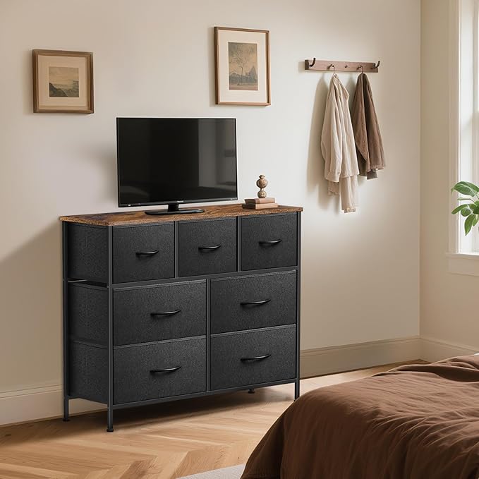 Dresser for Bedroom with 7 Drawers, Chest of Drawers, Storage Drawers Organizer Unit, Black Wide Fabric Dresser with Fabric Bins for Closet, Living Room, Entryway (Black and Rustic Brown)