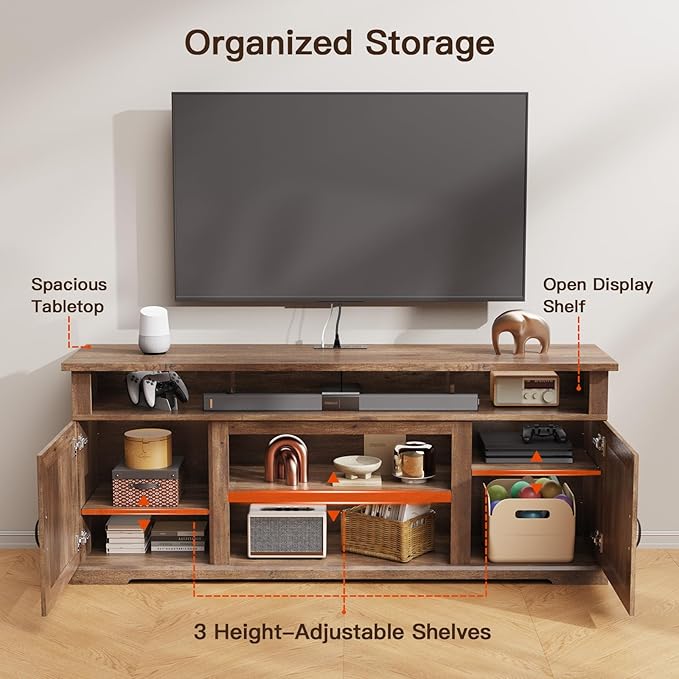 Amada TV Stand for TVs Up to 80 Inch, Entertainment Center TV Stand with Drawer Storage Cabinet, Adjustable Shelves, Cable Management, Farmhouse Rustic Wood TV Console for Living Room, Bedroom, Brown