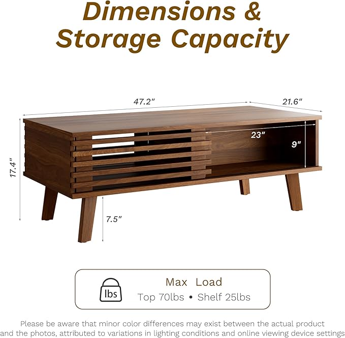 Mid Century Coffee Table with Storage & Sliding Fence Door, Modern Coffee Tables for Living Room, Walnut Finish