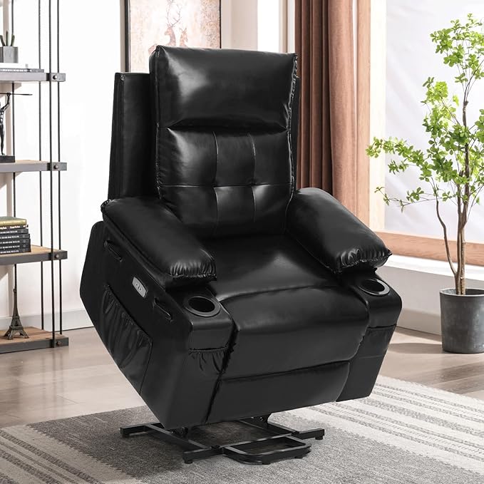 Polar Aurora Power Lift Chair for Elderly,Electric Recliner Chair with Vibrating Massage & Heating,Living Room Chair with Thickened armrest,USB Ports,2 Cup Holders,Black