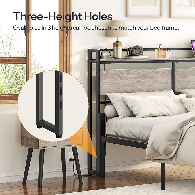 HOOBRO Queen Size Headboard, Headboard with 2 Outlets and 4 USB Ports, Adjustable Height, Storage Rack, Sturdy and Stable, Easy Assembly, Greige and Black