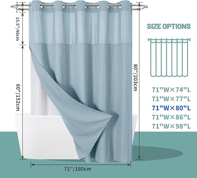 Teal Long No Hook Waffle Weave Shower Curtain with snap-in Liner Replacement, 230GSM Waterproof Fabric Hotel Shower Curtain Set for Bathroom, Through Mesh Top Window,71Wx80H