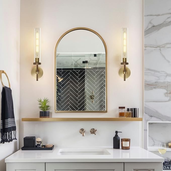 Brass Knurled Wall Sconce 20", Bathroom Wall Sconce Set of Two,Glass Tube Brass Sconces Wall Lighting,Bathroom Sconces Side of Mirror,Vanity Sconce Lights for Bath,Including E26 Light Bulbs