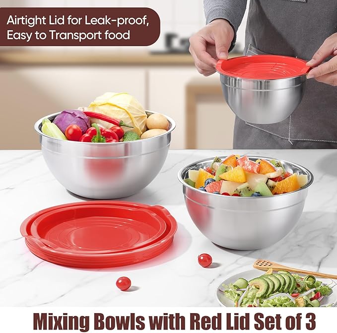 P&P CHEF Red Mixing Bowls with Lids, Set of 3, Stainless Steel Salad Nesting Bowl for Mixing, Storing, Prepping, Airtight & Stackable, Size 4.6/3 /1.5 QT
