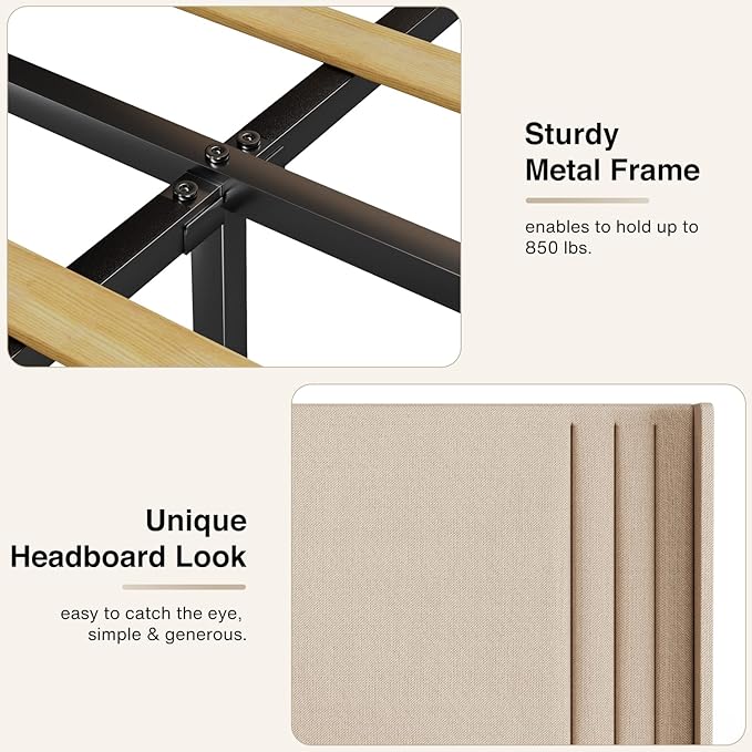 Gizoon Queen Bed Frame with Wingback Headboard, Upholstered Platform Bed, Wooden Slats, Noise-Free, No Box Spring Needed, Easy Assembly