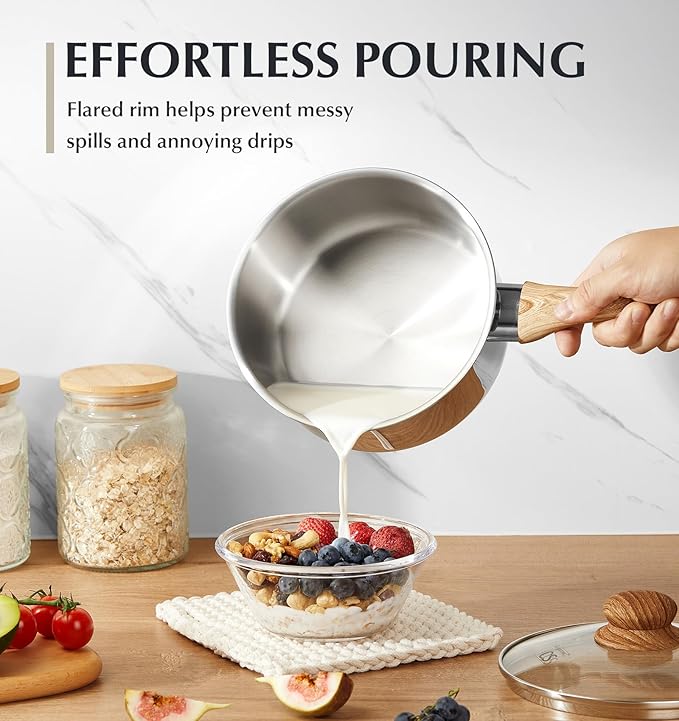 KOCH SYSTEME CS Stainless Steel Saucepan, Durable 1QT Stainless Steel Pot with Triple-Layer Base, Sauce Pan with Lid & Stay-Cool Handle, Small Pot 1 Quart, Induction Compatible