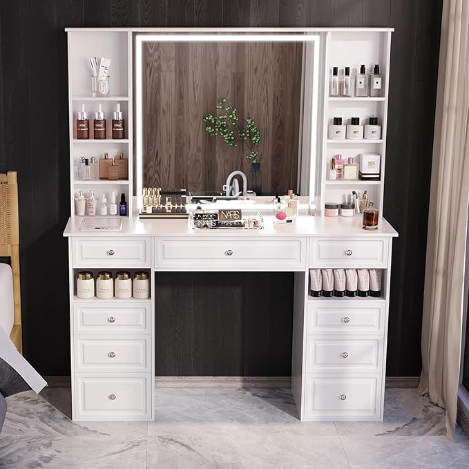 Extra Large Vanity Desk with Mirror and Lights, White Vanity with Bluetooth Speaker, Wireless Charging and Mask Cooler, Multifunctional Makeup Vanity with 9 Drawers for Women (European Style)