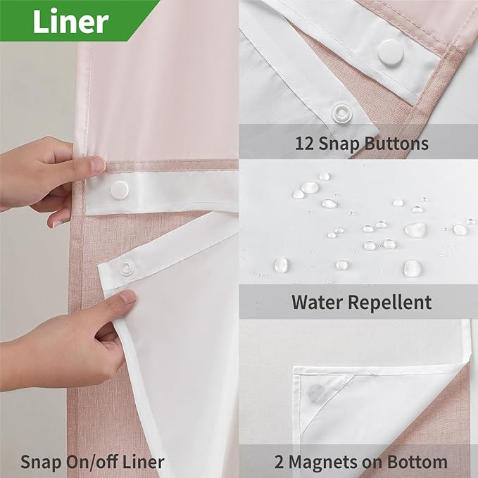 Extra Long No Hooks Needed Linen Textured Shower Curtain with Snap-in Fabric Liner Set,Blush Hotel Luxury Decor Shower Curtains for Bathroom,Waterproof & Washable,71Wx86H