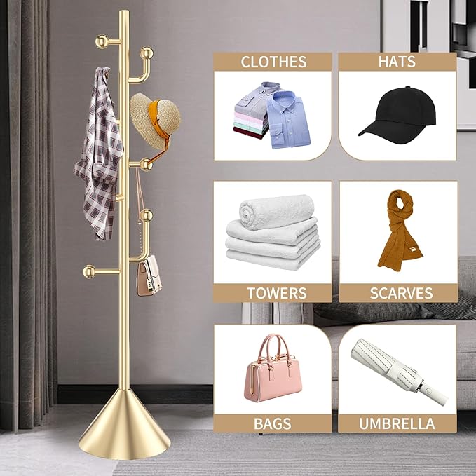 Modern Metal Coat Rack Stand with Cone Base, Heavy Duty Coat Rack Freestanding with 8 Hooks, Golden Cactus Standing Coat Racks for Bag, Jacket, Entryway Office (Golden cone base)
