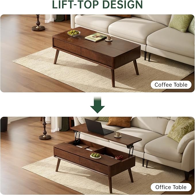 Lift Top Coffee Table,100% Solid Oak Wood Walnut Coffee Table with Drawers and Hidden Compartments, Rectangular Coffee Tables with Storage for Living Room Home Decor (47.24inch)