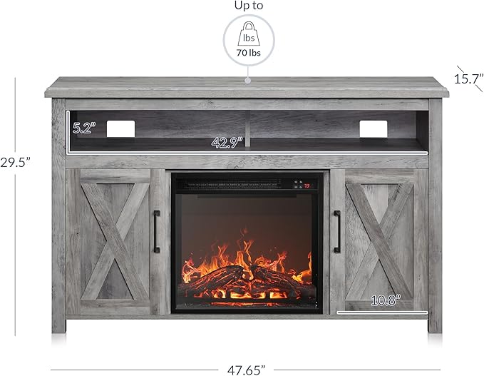BELLEZE Modern 48" Barn Door Wood TV Stand with 18" Electric Fireplace Heater & Media Entertainment Center Console Table for TV up to 50" with Two Open Shelves and Cabinets - Corin (Grey Wash)
