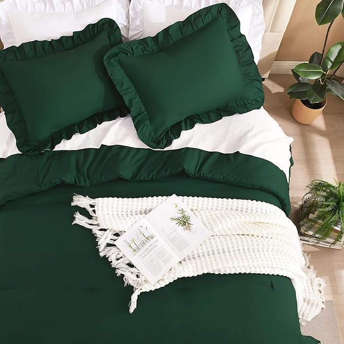Litanika Dark Emerald Green Queen Comforter Set, 3 Pieces Boho Vintage Solid Forest Ruffle Bedding Set, All Season Lightweight Bed Set (90x90In Comforter & 2 Pillowcases)