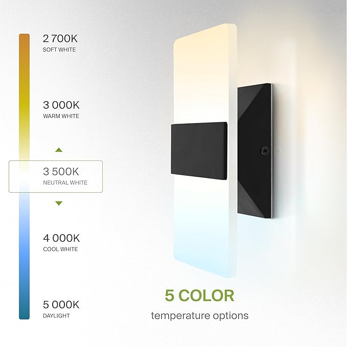 ASD 8 Inch LED Indoor Wall Sconce - Modern Interior 10W 120V 2700K-5000K Adjustable Dimmable Wall Mounted Light Fixtures, Acrylic Glass Wall Lights for Stairway, Hallway - ETL, Matte Black 2 Pack