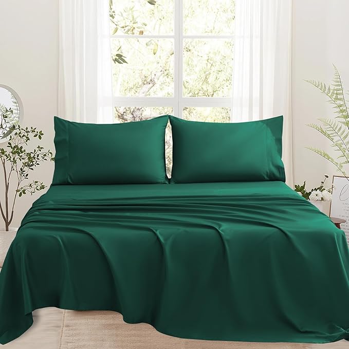Bedlifes 1000 Thread Count 100% Egyptian Cotton California King Size Sheets Set - Sateen Soft Silky Breathable Luxury Cooling 4 Pieces (Dark Green)