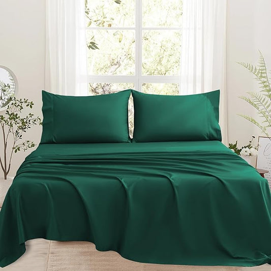 Bedlifes 1000 Thread Count 100% Egyptian Cotton California King Size Sheets Set - Sateen Soft Silky Breathable Luxury Cooling 4 Pieces (Dark Green)