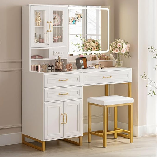 Makeup Vanity Desk with Mirror and Lights - Vanity Table Set with Glass Top Storage Drawer and Bench for Bedroom, in White and Gold