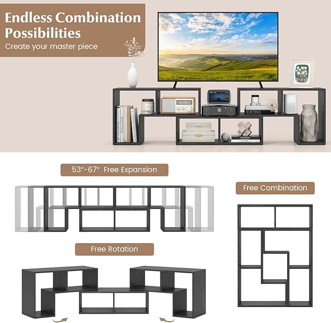 GOFLAME 3 Pieces TV Console Stand, Modern Entertainment Center for 50 55 60 65 Inch Flat Screen TV, Free Combination Bookcase for Storage & Display, Suitable for Living Room (Black Wood Grain)