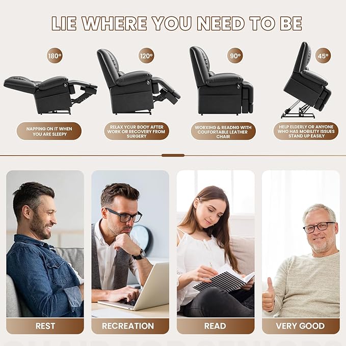 Large Dual Motor Power Lift Recliner Chair with Massage and Heat for Elderly People, Infinite Position,USB Ports and Remote Control,Breathable Leather (Black)