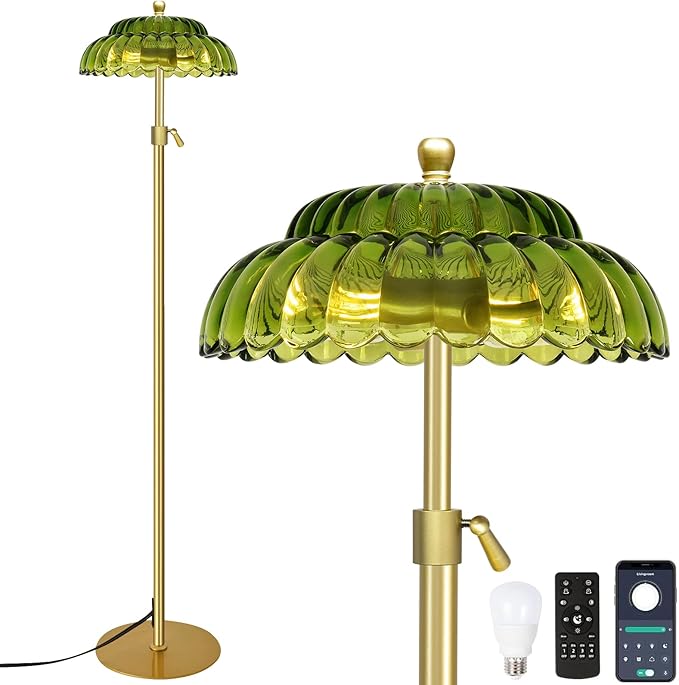 Vintage Floor Lamp with Remote Control, Gold Floor Lamp with 3 Color Temperature,Mid Century Modern Standing Lamp with Glass Lamp Shape,Brass Flower Lamp Tall Glass Floor Lamps for Living Room Bedroom