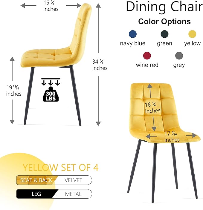 Modern Dining Chair Velvet Set of 4,Upholstered Living Room Chair with No Arms Side Chair High-Back Space Savining Accent Chair with Metal Legs for Dining Room,Living Room, Yellow