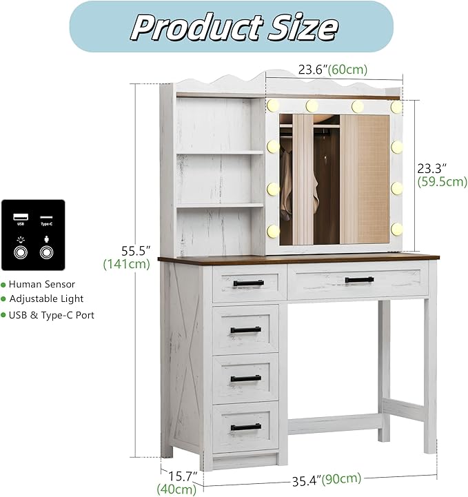 Farmhouse Makeup Vanity, Vanity Desk with Built-in Charging Station, Wood Vanity Set with 3 Levels of Open Storage Shelves & 3-Color Lighting, Makeup Desk with Hidden Storage, White