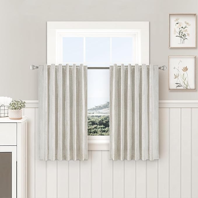 Beige Cream Linen 100% Blackout Curtains 54 Inches Long 2 Panels Set for Kitchen Back Tab Thermal Insulated Black Out Linen Drapes Room Darkening Short Window Curtains 54 Inch Length