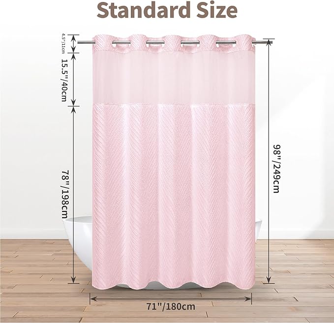 no Hook Shower Curtain and Liner Set，Boho Style with See Through Top Window, Pink Fabric Tufted Striped Textured Outer Curtain & Waterproof Inner Liner, Pink, 71Wx98H