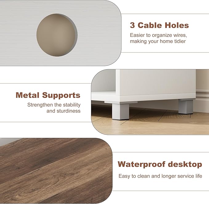 71" Modern Farmhouse TV Stand - Corrugated Glass Door Media Console with 3 Open Shelves, 15" D x 29" H Entertainment Center (White & Dark Brown)