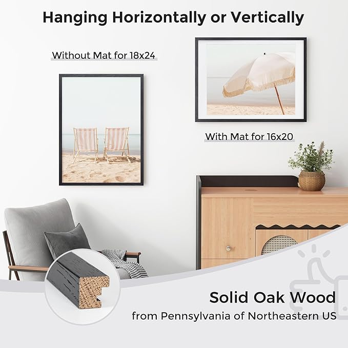 Axeman 18x24 Poster Frame with Mat for 16x20, Solid Oak Wood Picture Frame with Tempered Glass, Wooden 18''x24'' Minimalist Photo Frame with Free Wall Hooks for Art Photo and Prints, Set of 2, Black