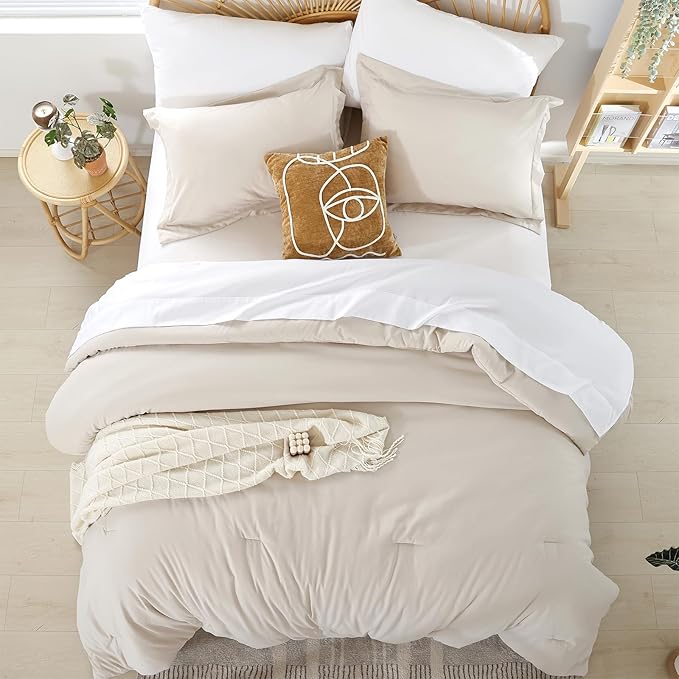 weigelia Full Size Comforter Set 7 Pieces Beige Comforter Set Comforters Full Size Microfiber Comforter Soft All Season with Sheets Lightweight Fluffy Bedding Set for Women and Men