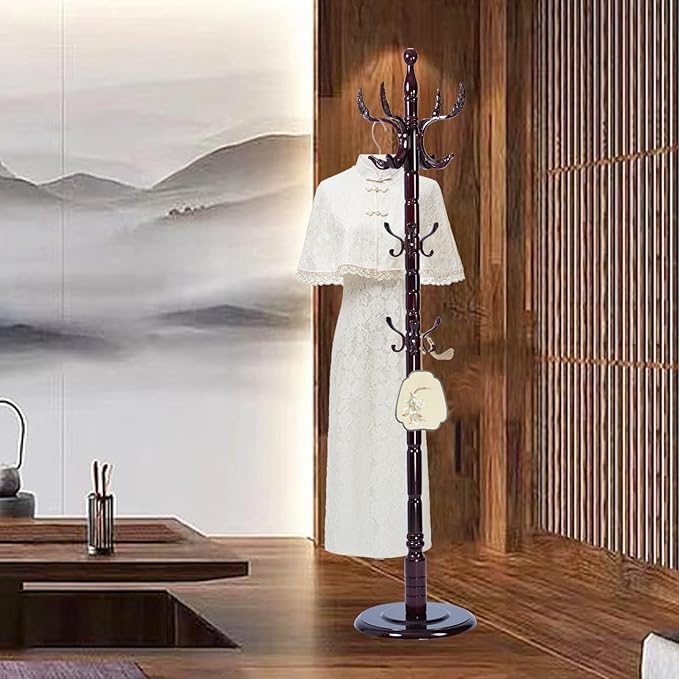 Coat Rack Freestanding, Wooden Tree Coat Rack Stand with 3 Adjustable Sizes Coat Tree and 14 Hooks, Sturdy Hall Tree with Solid Round Base for Entryway, Hallway,Bedroom (Solid Wood Fenghuang Gou)