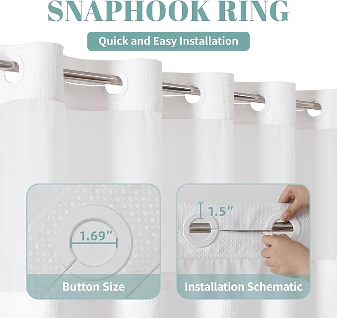 White Extra Long No Hook Waffle Weave Shower Curtain with snap-in Liner Replacement, 230GSM Waterproof Fabric Hotel Shower Curtain Set for Bathroom, Through Mesh Top Window,71Wx86H