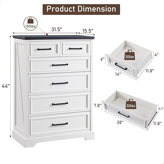 6 Drawer Dresser, Farmhouse Chest of Drawers for Bedroom, 44" Tall Dresser with Large Metal Handles, Wood Drawer Organizer for Living Room, Hallway, Closet - White