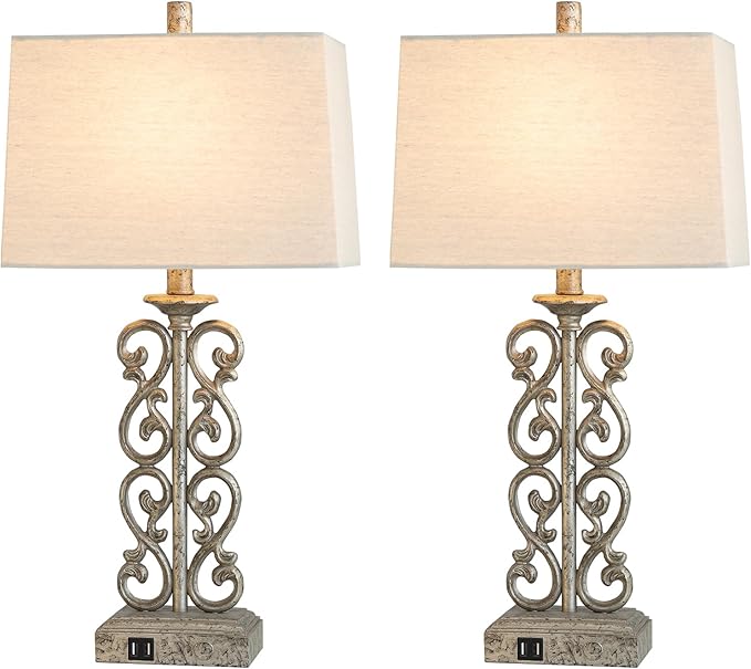 25" Set of 2 Farmhouse Touch Resin Table Lamps with 2 USB Ports, 3-Way Dimmable Rustic Vintage Nightstand Industrial Table Lamp for Bedroom Living Room Dorm, 2 Bulbs Included