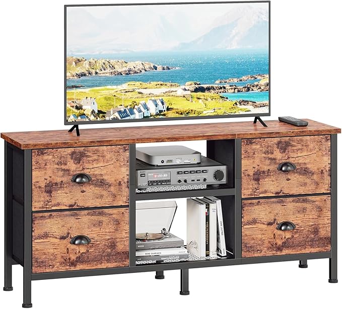 Furologee TV Stand Dresser with 4 Drawers, Television Stand with Open Shelf, Entertainment Center for 50" TV, Industrial Media Center for Bedroom, Living Room, Rustic Brown