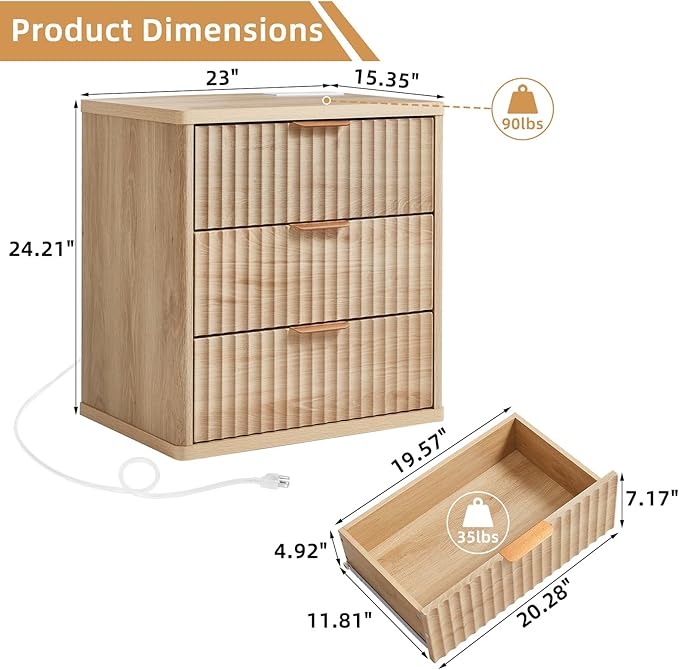 LEYAOYAO 23" Wide Fluted Night Stand with Charging Station, 3 Drawers Large End Table with Storage, Natural Nightstand Wood Bedside Tables, Farmhouse Cabinet Dresser for Bedroom, Closet