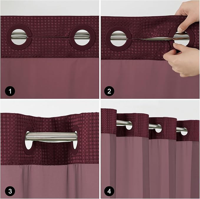 Colorful Star No Hook Waffle Shower Curtain with Snap in Fabric, Waterproof Shower Curtains with See Through Top Window, Hotel Luxury Heavy Duty Bathroom Curtain and Liner Set, 72'' x 75'', Burgundy