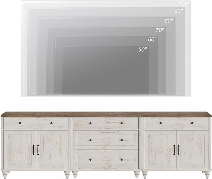 WAMPAT Farmhouse TV Stand for 100 Inch TV, 3-in-1 TV Console Table with 5 Drawers and 4 Doors, Entertainment Center, Kitchen Sideboard Buffet Cabinet for Dining Room, Rustic White