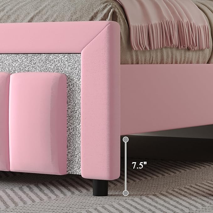 HOMBCK Twin Size Bed Frame with Headboard, Velvet Upholstered Platform Bed with Wooden Slats Support, Mattress Foundation, Twin Bed Frames for Girls, No Box Spring Needed, Easy Assembly, Pink