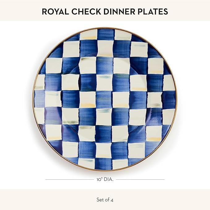MACKENZIE-CHILDS Enamel Dinner Plate, Decorative Dinnerware Plate, 10 Inches, Set of 4, Blue-and-White Royal Check