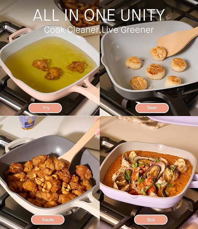 10.5 Inch(3.8QT) Ceramic Pan with Lid,Non Stick Frying Pans Cast Aluminum Deep Sauté Pans,Ti-Ceramic Non Toxic Pix Pan with Wooden Spatula and Scrubber-Midnight Hearth