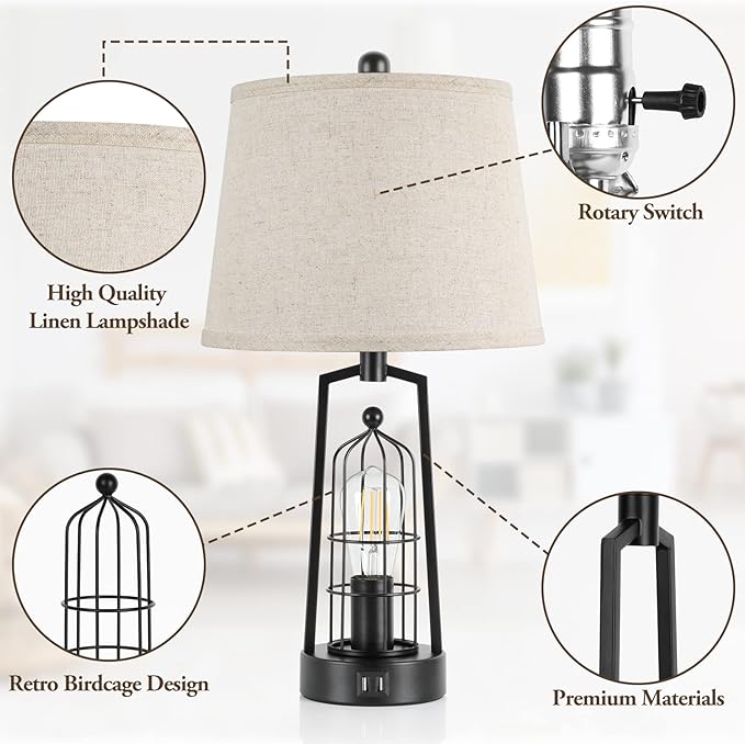 Farmhouse Table Lamps with 2 USB Ports, Set of 2 Rustic Industrial Desk Lamp for Living Room, 2-Light Black Bedside Lamp, Bedroom Nightstand Lamp with Beige Lampshade for House Decor, Reading