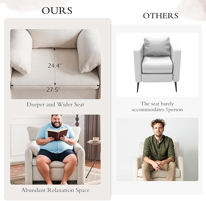 39" Modern Chenille Oversized Armchair, Wide Accent Chair, Single Sofa Chairs, Comfy Upholstered Reading Chair for Living Room, Bedroom, and Apartment (Beige)