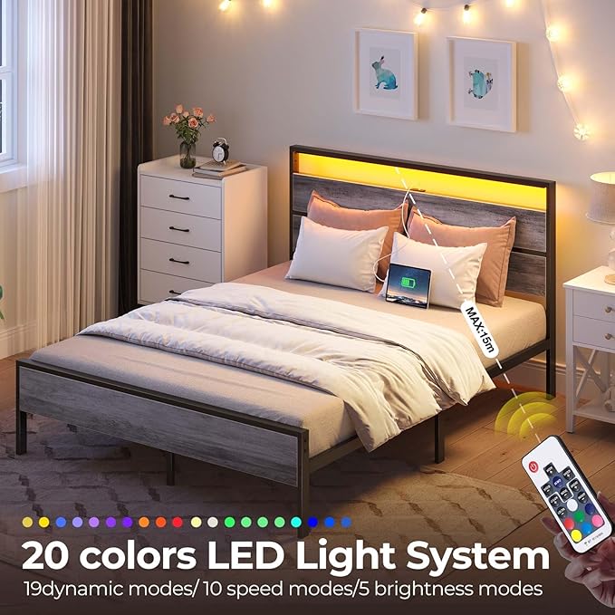 Rolanstar Queen Bed Frame with Headboard, Bed Frame Queen with LED Lights, Camas Queen Size Bed with Charging Station, Solid Metal Slats, Noise Free, No Box Spring Needed, Grey